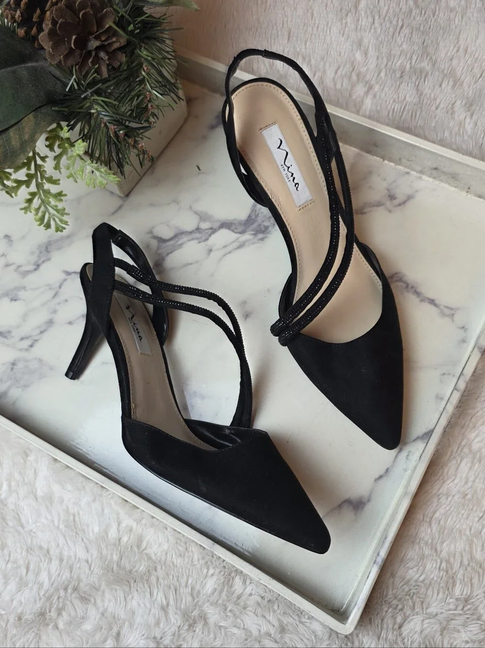 NINA Tansy Black Beaded Pointed Toe Pump Heel Wedding Holiday Formal Size 11